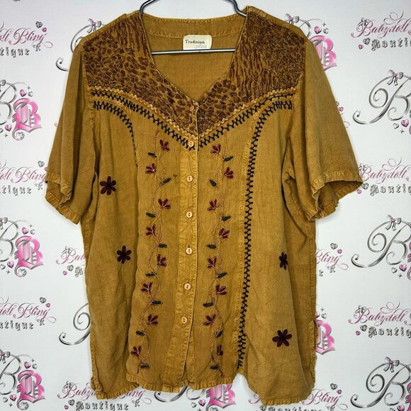 tradition plus Tops - Tradition plus shirt button up western vintage embroidery floral tan belted luxe